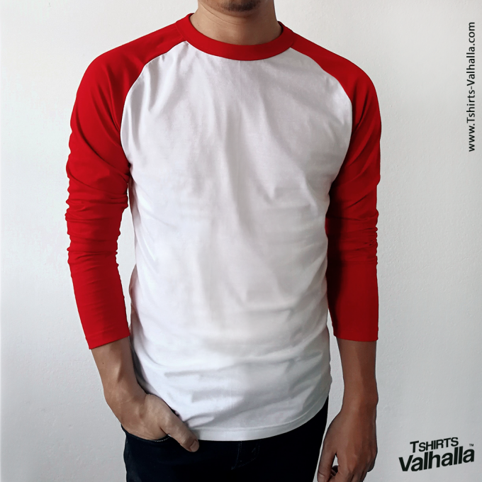 เสื้อยืด ไหล่สโลป แขนยาว สีขาว แขนแดง